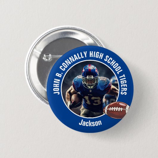Blue High School Football Player Foto Ronde Button 5,7 Cm (Voorkant /achterkant)