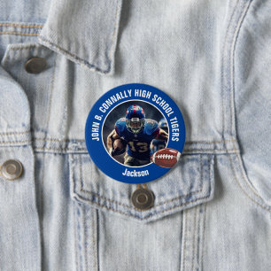 Blue High School Football Speler Foto Grote Opsche Ronde Button 7,6 Cm