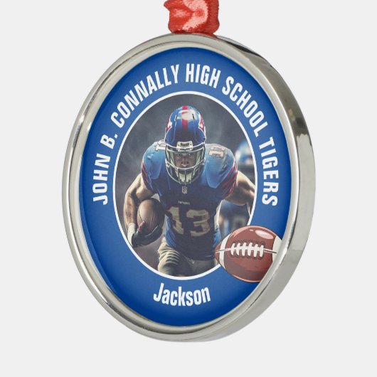 Blue High School Football Speler Foto Kerst Metalen Ornament (Links)