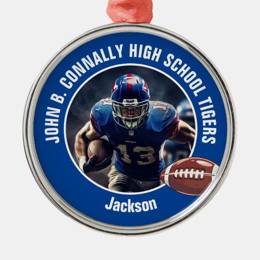 Blue High School Football Speler Foto Kerst Metalen Ornament (Voorkant)