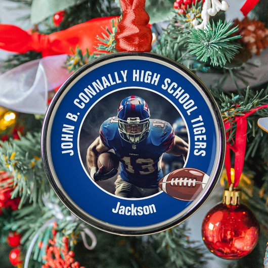Blue High School Football Speler Foto Kerst Metalen Ornament