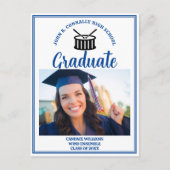 Blue High School Marching Band Afstuderen Foto Aankondigingskaart (Voorkant)