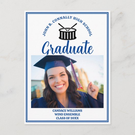 Blue High School Marching Band Afstuderen Foto Aankondigingskaart (Voorkant)