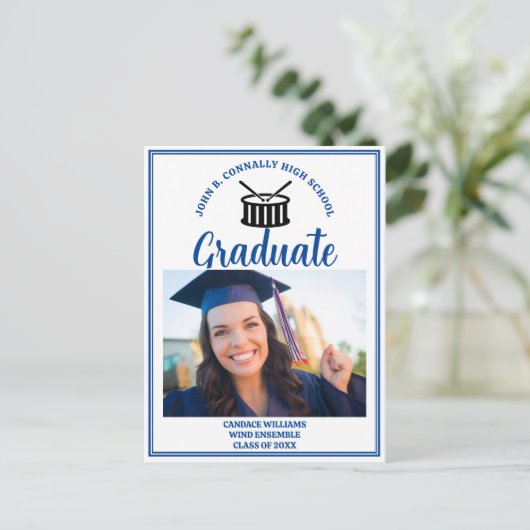 Blue High School Marching Band Afstuderen Foto Aankondigingskaart (Staand voorkant)