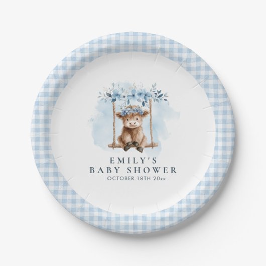Blue Highland Cow Boy Baby Shower Papieren Bordje (Voorkant)