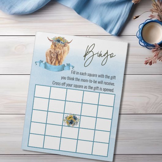Blue Highland Koe Baby shower Bingo Game Notitieblok