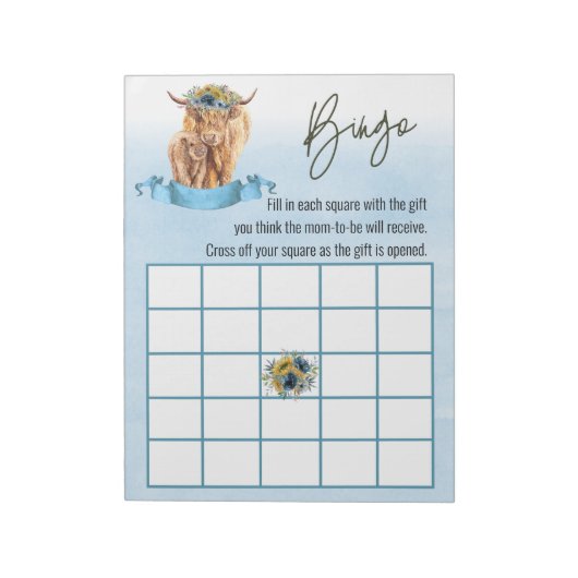Blue Highland Koe Baby shower Bingo Game Notitieblok (Linkerzijde)