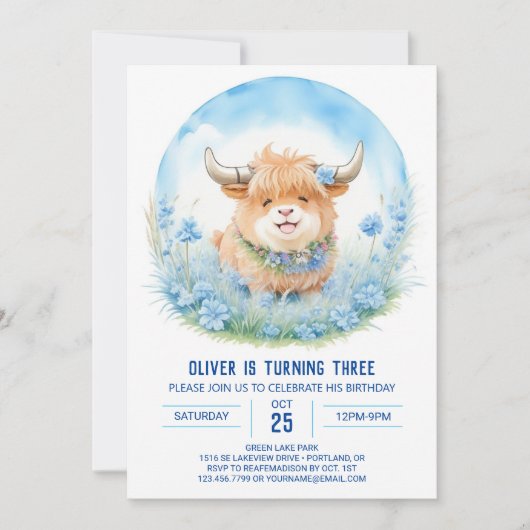 Blue Highland Koe Bash Kids Verjaardag Kaart (Voorkant)