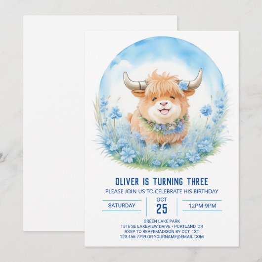 Blue Highland Koe Bash Kids Verjaardag Kaart (Voorkant / Achterkant)