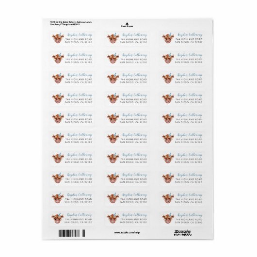 Blue Highland Koe Return Address Label (Full Sheet)