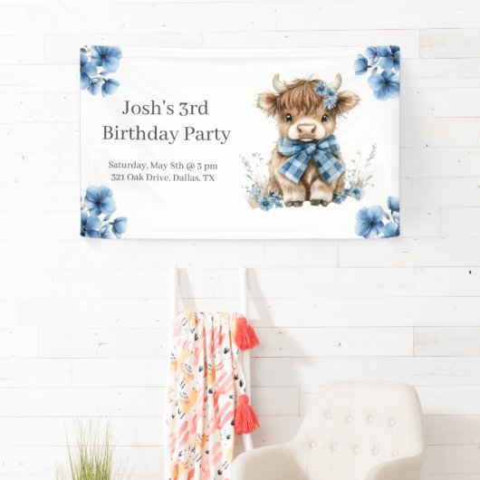 Blue Highland Koe verjaardagsfeestje Spandoek (Insitu)