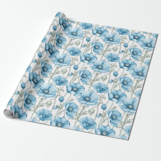 Blue Himalayan Poppy Seamless Floral Cadeaupapier (Uitgerold)