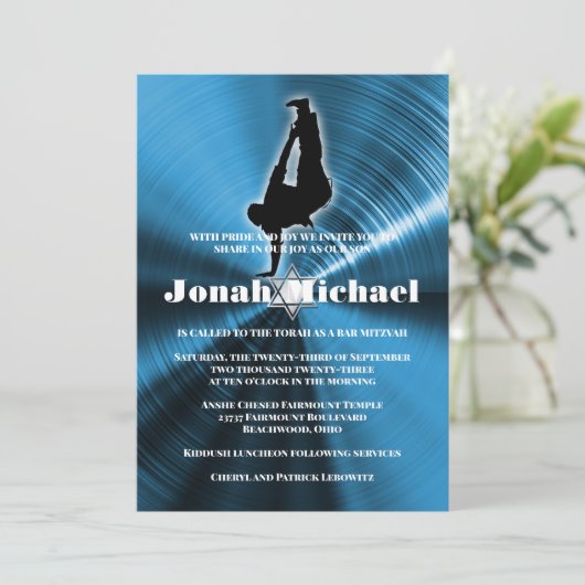 Blue Hip-Hop Dance Dancer Bar Mitzvah Uitnodiging (Staand voorkant)