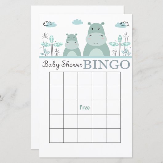 Blue Hippo baby shower bingo card (Voorkant / Achterkant)