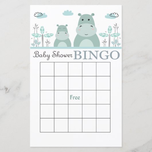 Blue Hippo baby shower bingo card (Voorkant)