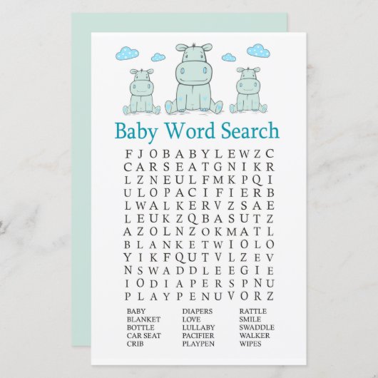 Blue Hippo Baby shower Word Search Game (Voorkant / Achterkant)