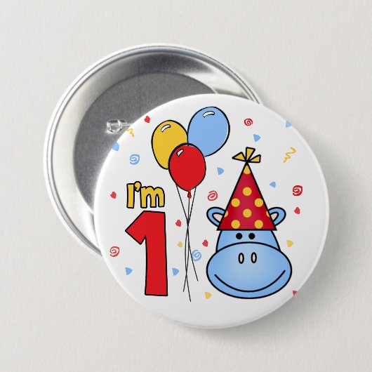 Blue Hippo Face First Birthday Pinback Button (Voorkant /achterkant)