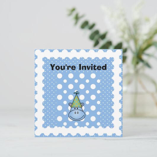 Blue Hippo Gepersonaliseerd verjaardagsuitnodiging Kaart (Staand voorkant)