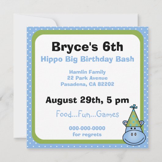 Blue Hippo Gepersonaliseerd verjaardagsuitnodiging Kaart (Achterkant)