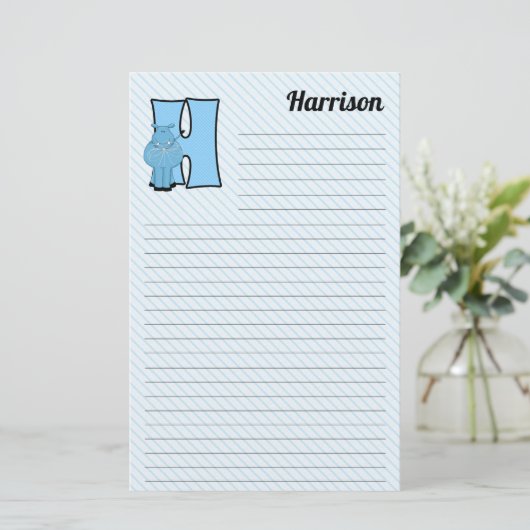 Blue Hippo Mongrammed Letter H Lined Briefpapier (Staand voorkant)