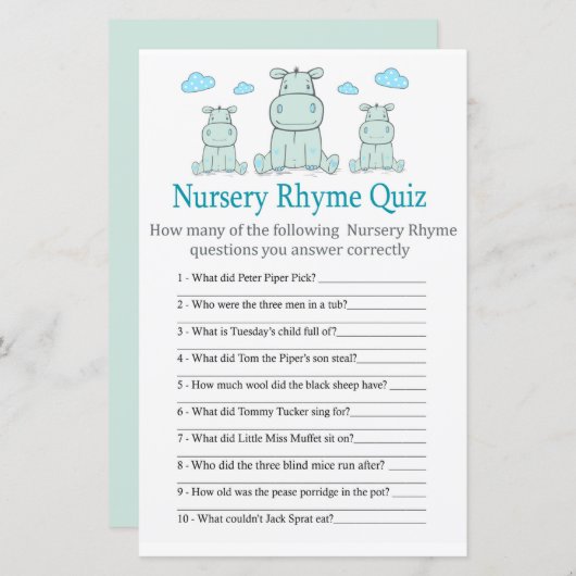 Blue Hippo Nursery Rhyme Quiz baby shower game (Voorkant / Achterkant)