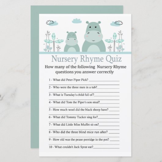 Blue Hippo Nursery Rhyme Quiz baby shower game (Voorkant / Achterkant)