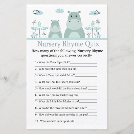 Blue Hippo Nursery Rhyme Quiz baby shower game (Voorkant)