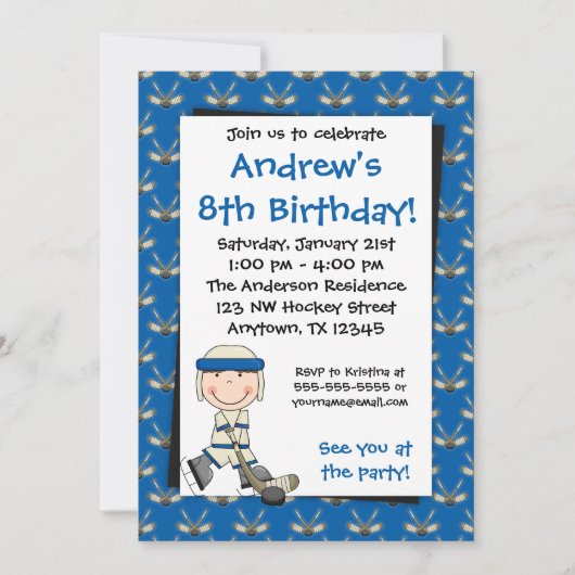 Blue Hockey Birthday Invitations Kaart (Voorkant)