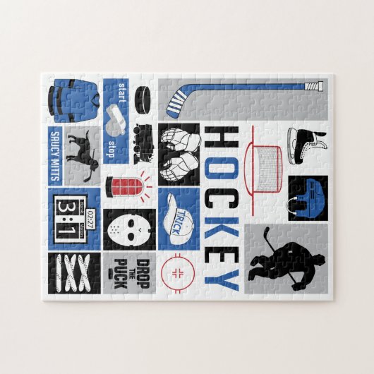 Blue Hockey Elements Stick Puck Player Legpuzzel (Horizontaal)