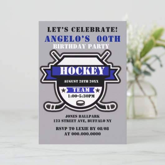 Blue Hockey Theme Birthday Party nodigt uit (Staand voorkant)
