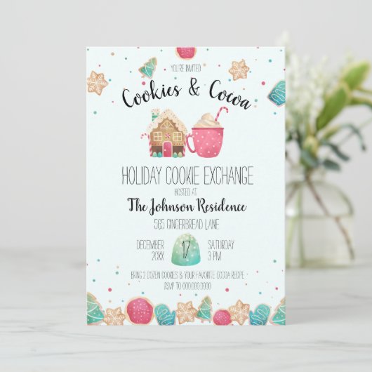 Blue Holiday Cookie Exchange Cookies & Cacao Party Kaart (Staand voorkant)