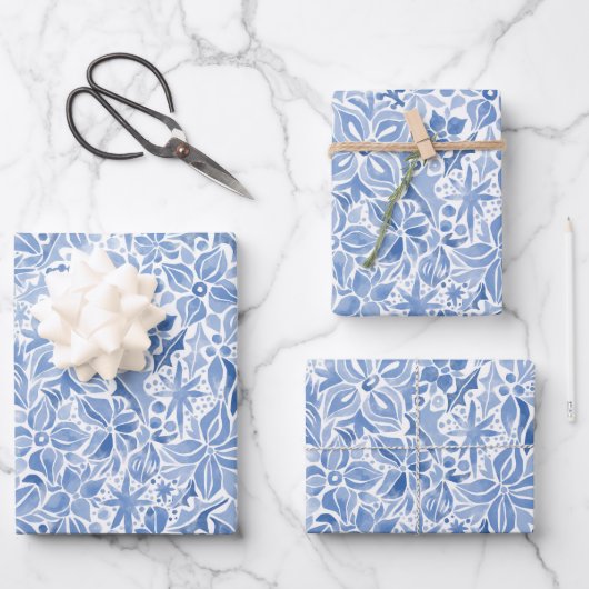 Blue Holiday Floral Inpakpapier Vel (Voorkant)