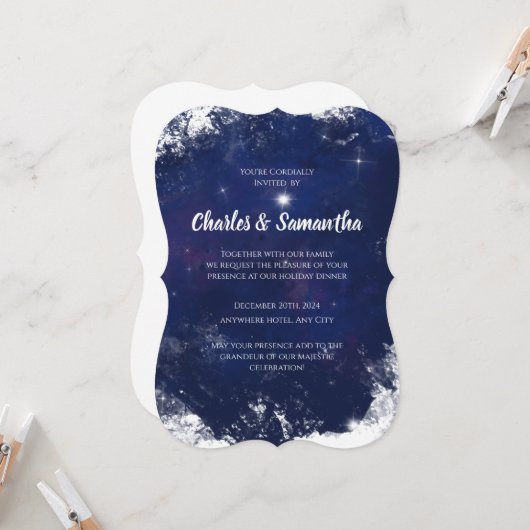 Blue Holiday Greetings Card Christmas Invitation Kaart (Voorkant / Achterkant in situ)