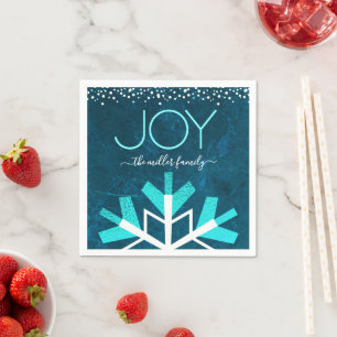 Blue Holiday Snowflake Joy Modern Typografie Name Servet