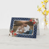 Blue Holly Berries Poinsettia Photo Christmas Kaart (Gele Bloem)