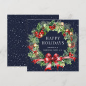 Blue Holly Berry Botanical Wreats Business Feestdagenkaart (Voorkant / Achterkant)