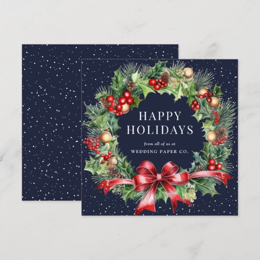 Blue Holly Berry Botanical Wreats Business Feestdagenkaart (Voorkant / Achterkant)