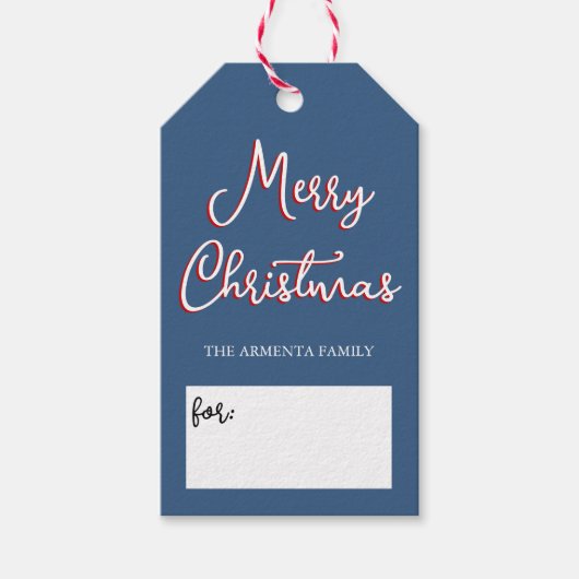 Blue Holly Jolly Merry Christmas Familienaam Cadeaulabel (Voorkant)