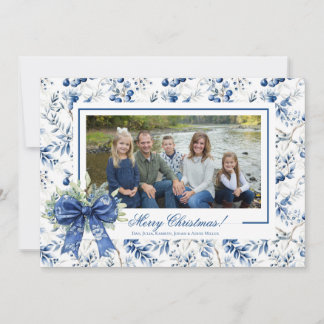 Blue Holly Toile Christmas Photo Card Feestdagenkaart