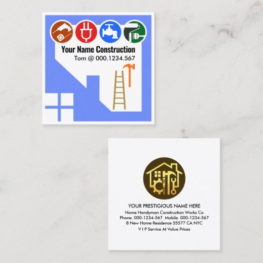 Blue Home Building Lijst Handyman Vierkante Visitekaartje (Voorkant / Achterkant)