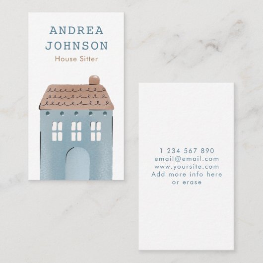 Blue Home Illustration House Sitter Minimalist Visitekaartje (Voorkant / Achterkant)