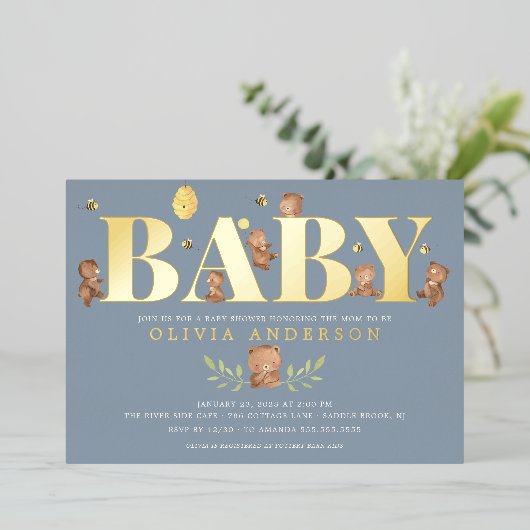 Blue Honey Beer Baby shower Invitation Folie Uitnodiging (Staand Voorkant)
