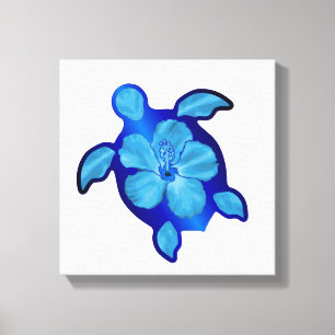 Blue Honu Turtle en Hibiscus Canvas Afdruk