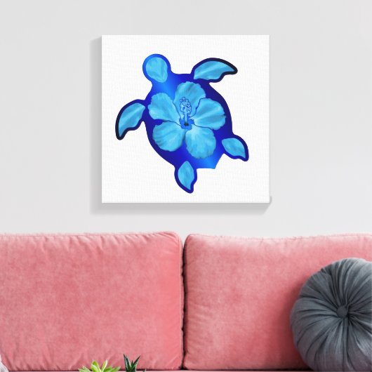 Blue Honu Turtle en Hibiscus Canvas Afdruk (Insitu (Woonkamer))