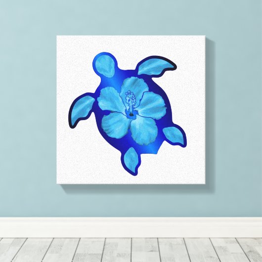 Blue Honu Turtle en Hibiscus Canvas Afdruk (Insitu (Houten vloer))