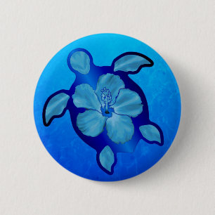 Blue Honu Turtle en Hibiscus Ronde Button 5,7 Cm