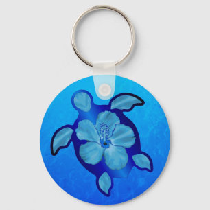 Blue Honu Turtle en Hibiscus Sleutelhanger