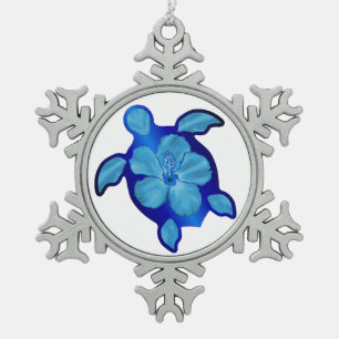 Blue Honu Turtle en Hibiscus Tin Sneeuwvlok Ornament