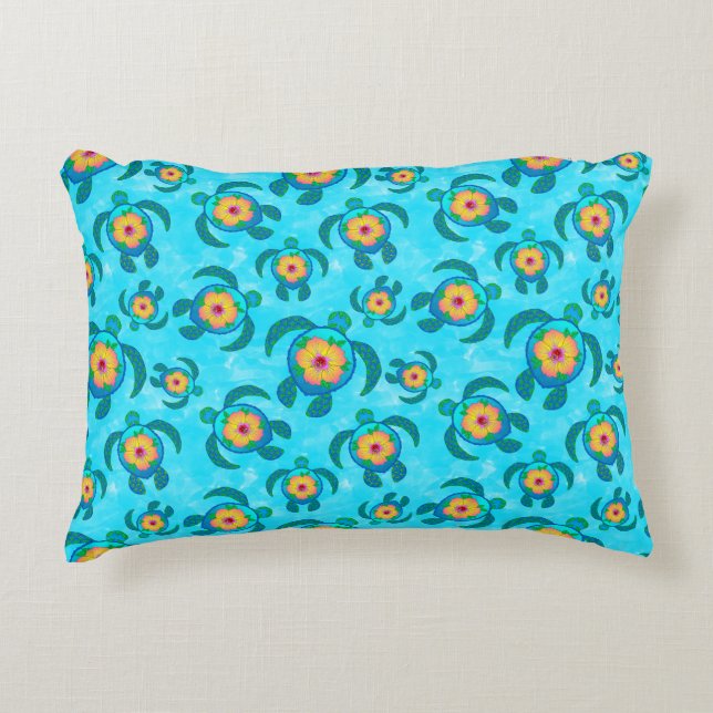 Blue Honu Zee Turtles Hibiscus Flowers Accent Kussen (Voorkant)