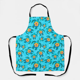 Blue Honu Zee Turtles Hibiscus Flowers Schort